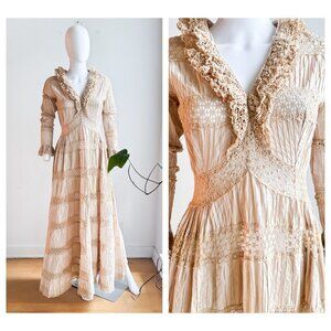 Vintage Nude Beige Crochet Detail Long sleeve Boho Dress S